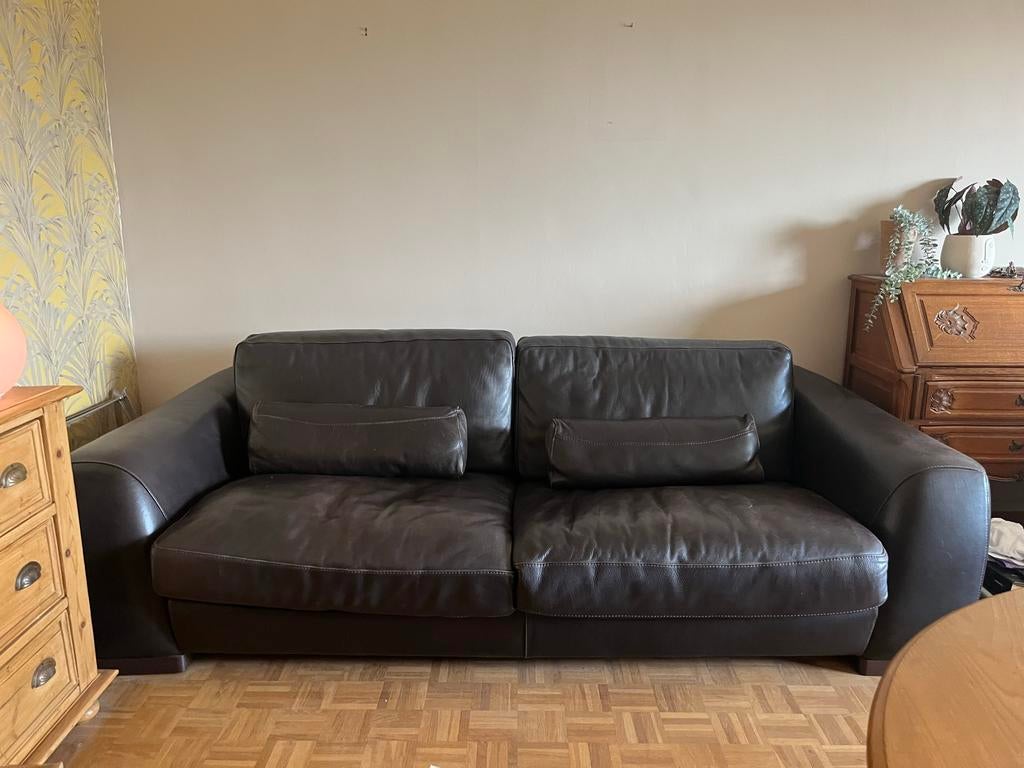 Lederen zetel 3-zit donkerbruin, Huis en Inrichting, Zetels | Zetels, Gebruikt, Rechte bank, Driepersoons, 150 tot 200 cm, Leer