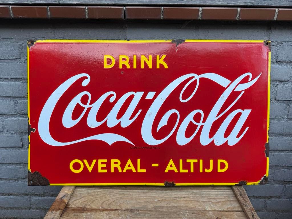 Oud Coca Cola emaille reclamebord, Verzamelen, Merken en Reclamevoorwerpen, Gebruikt, Reclamebord, Ophalen of Verzenden