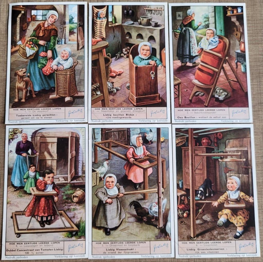 6 oude Liebig prenten: Hoe men eertijds leerde lopen, Enlèvement ou Envoi, Utilisé, Autres sujets/thèmes, Gravure
