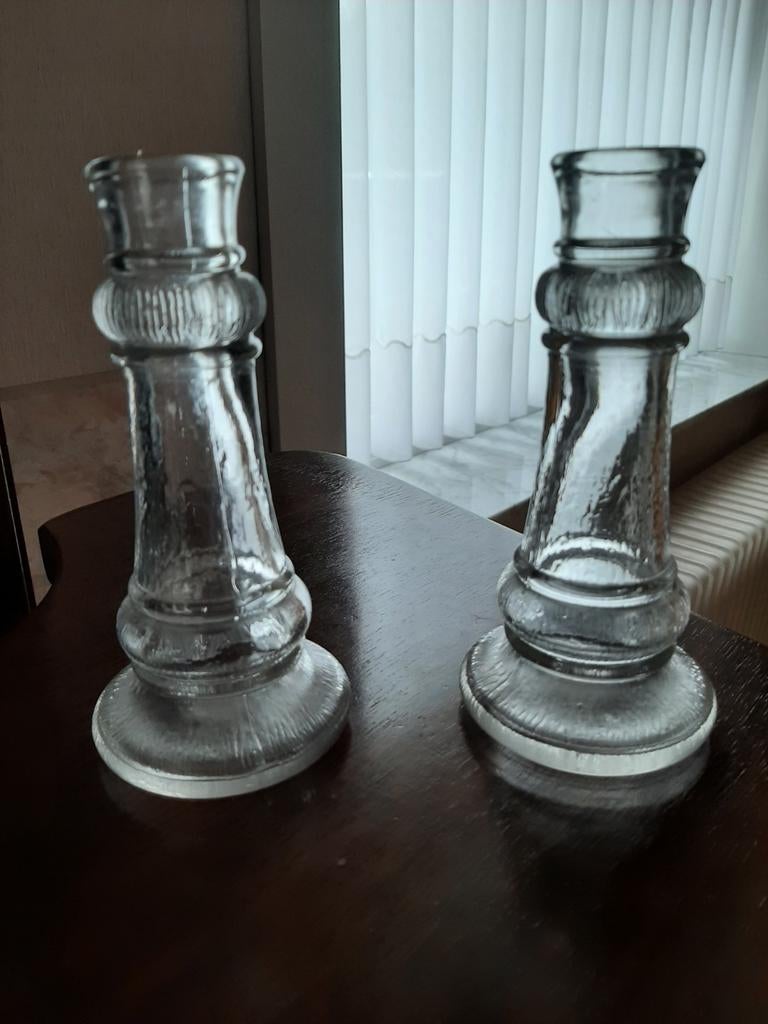 Set Retro/Vintage glazen kandelaars 15 cm  jaren '70, Ophalen of Verzenden, Gebruikt, Kandelaar