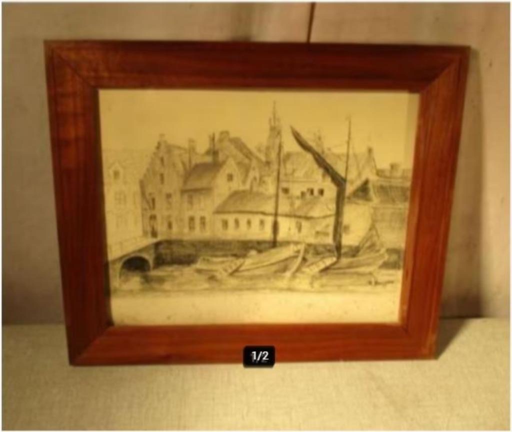 Mooie Oude Pentekening 'Bootjes op de Grachten' - Baeyens, Ophalen of Verzenden