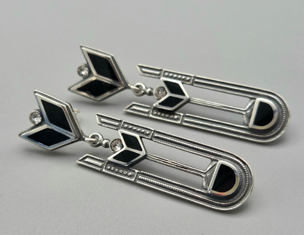 Zilveren Art Deco Oorbellen met Onyx en Swarovski. 2025/535, Neuf, Avec pierre précieuse, Argent, Envoi