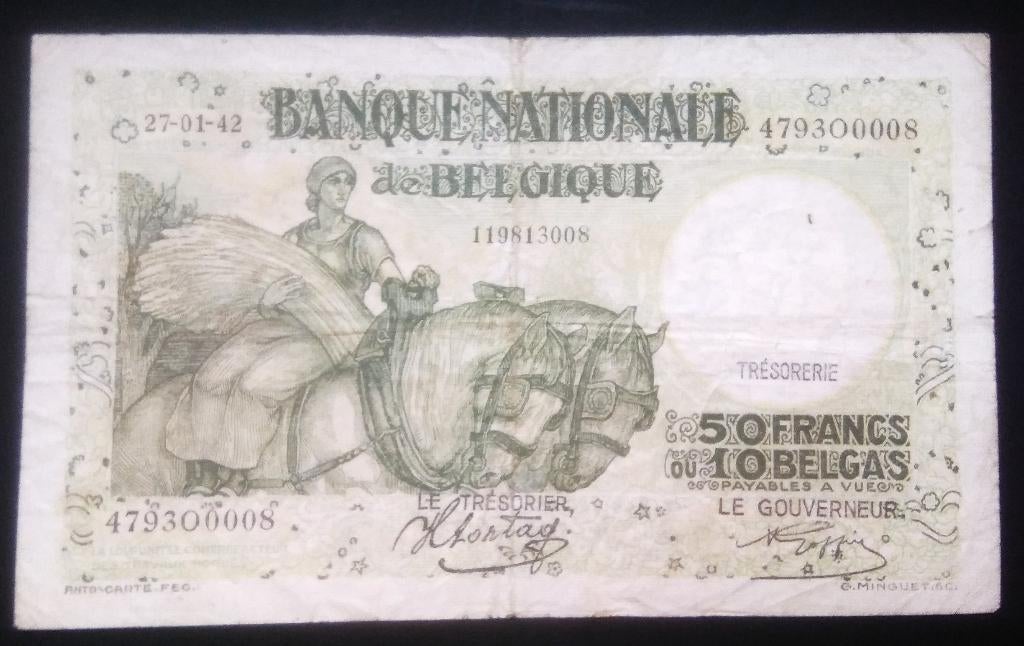 Belgie 50 Frank/10 Belgas modèle 1927 avec texte - 27-01-42, Enlèvement ou Envoi, Billets en vrac