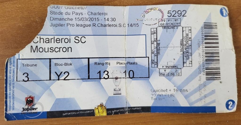 Charleroi Mouscron ticket usagé, Collections, Articles de Sport & Football