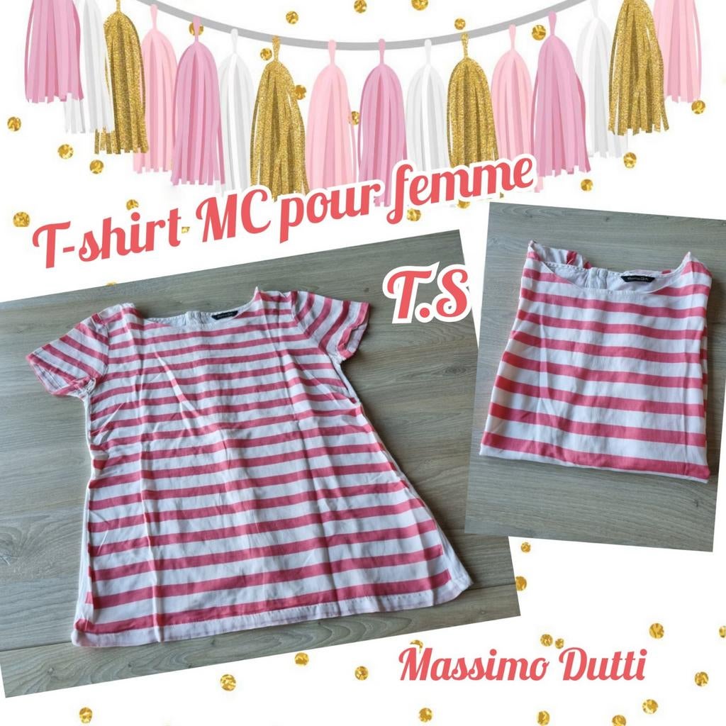 T-shirt MC pour femme-rose/blanc-Massimo Dutti-T.S, Manches courtes, Rose, Taille 36 (S), Porté