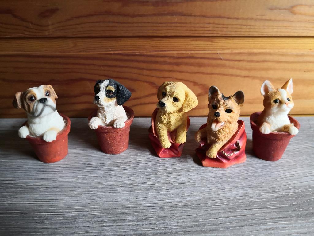 Lotje honden en kat beeldjes in bloempot of winkeltas, Verzamelen, Ophalen