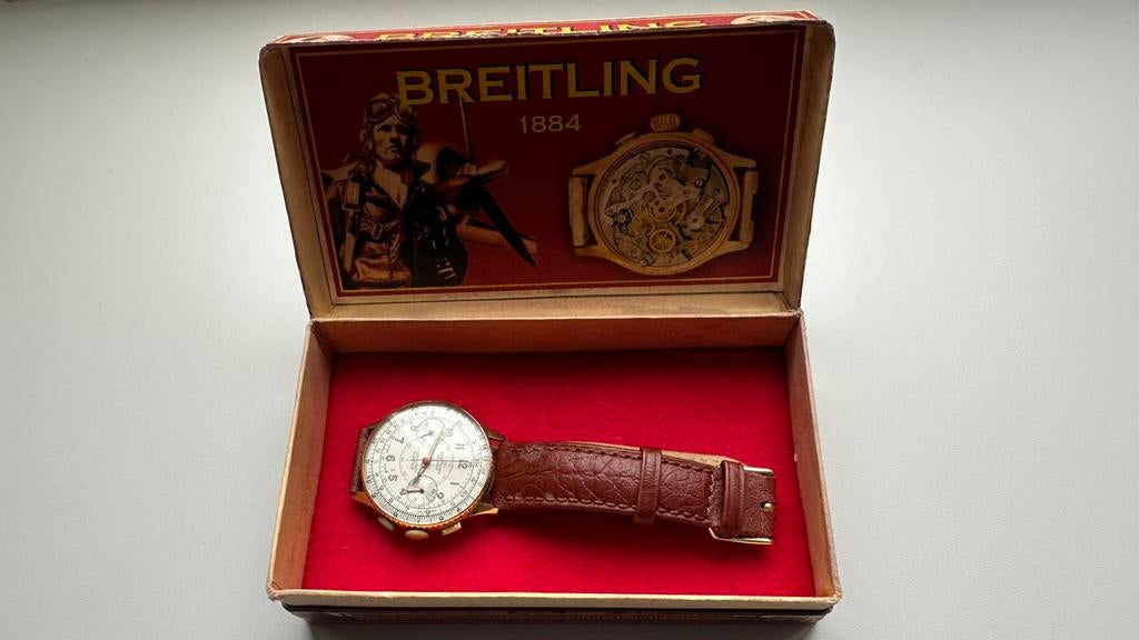Breitling goud 18 kr vintage werkend, Bijoux, Sacs & Beauté, Montre-bracelet, Autres marques, Enlèvement ou Envoi, Cuir