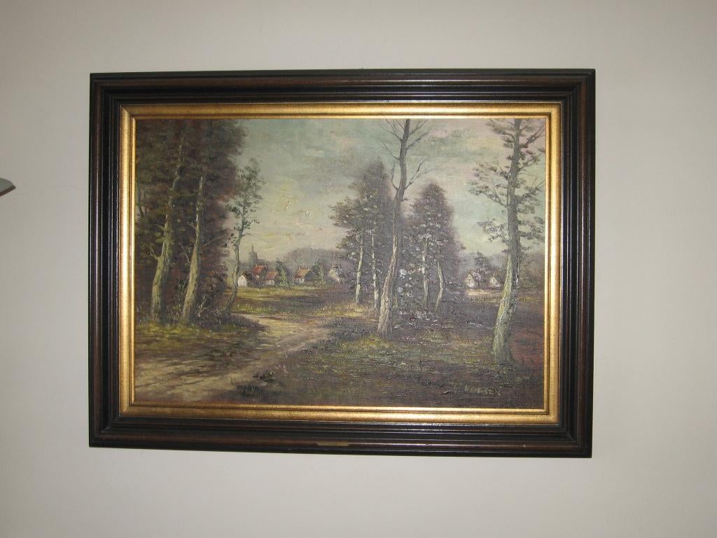 Schilderij W.Hoesen landschap met kapel, Antiek en Kunst, Ophalen