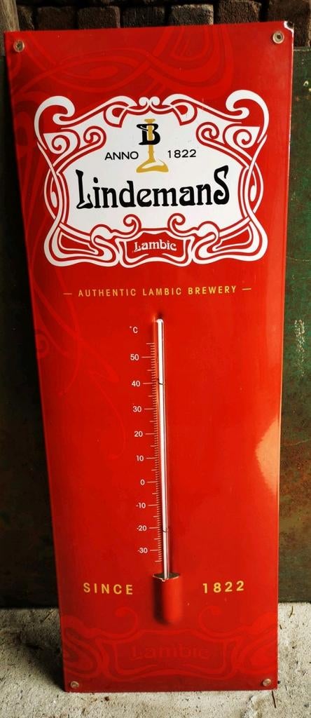Lindemans temperatuurmeter geëmailleerde biermerk wandbord, Ophalen of Verzenden, Zo goed als nieuw, Reclamebord