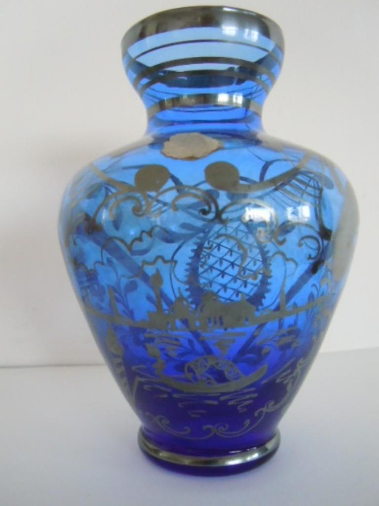 Vase ancien bleu cobalt avec dessin argenté Venise, Enlèvement ou Envoi