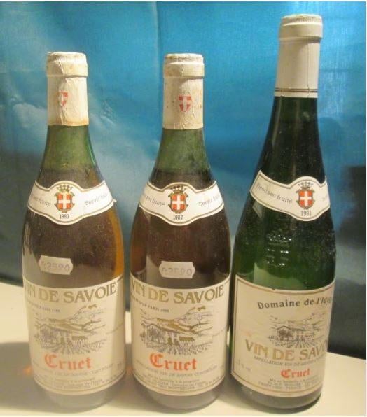3x Vin de Savoie - Cruett - 1987/1991, Collections, Vins, Enlèvement ou Envoi, Pleine, Comme neuf, Vin blanc