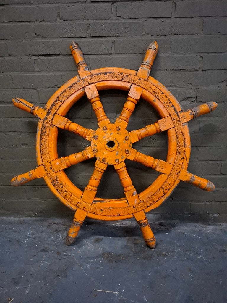 Groot Antiek Houten Scheepsstuurwiel Ø 86cm, Ophalen, Gebruikt, Overige typen, Zeilboot of Motorboot