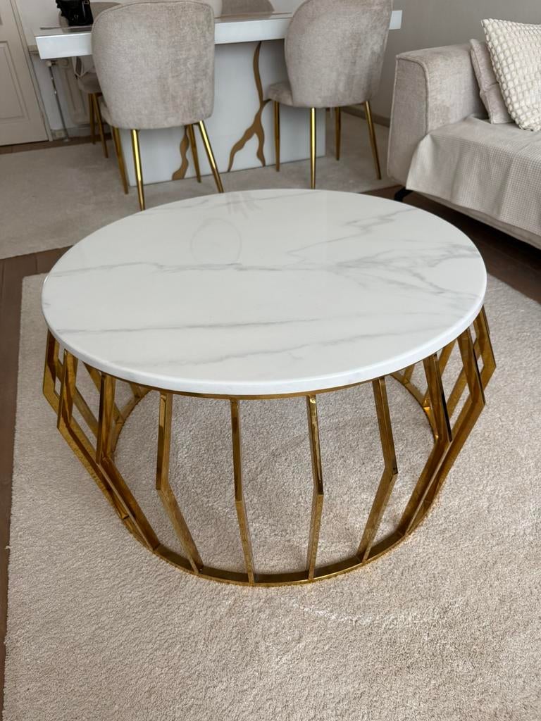 Luxe salontafel marmerlook met gouden onderstel, Ophalen, 50 tot 100 cm, Rond, Nieuw