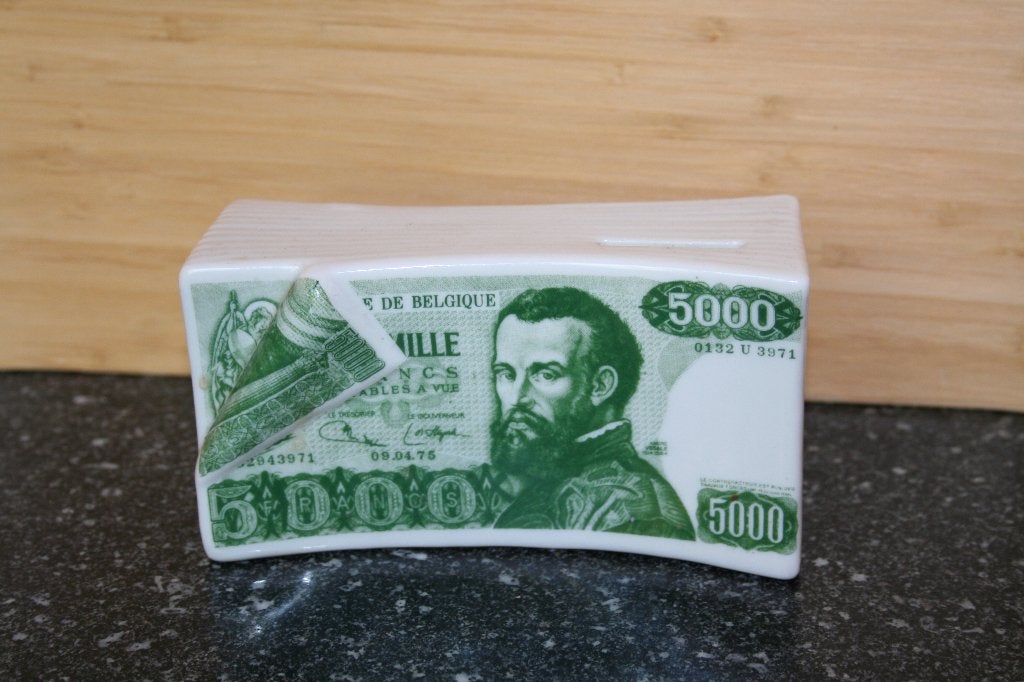 Spaarpot als bundel briefjes 5000 frank (porcelein), Verzamelen, Ophalen of Verzenden