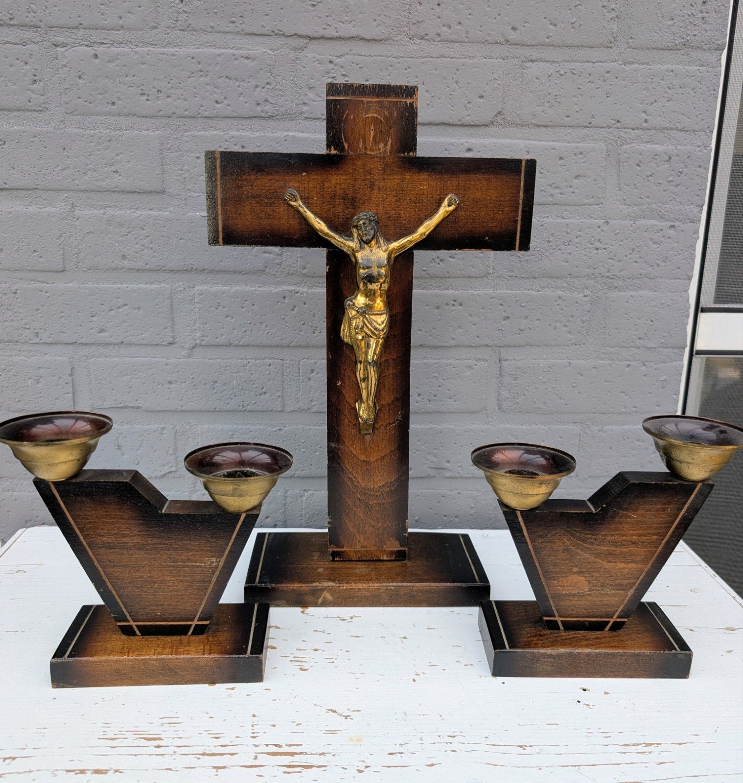 Kruisbeeld met kandelaars, Antiek en Kunst, Antiek | Religieuze voorwerpen, Ophalen of Verzenden