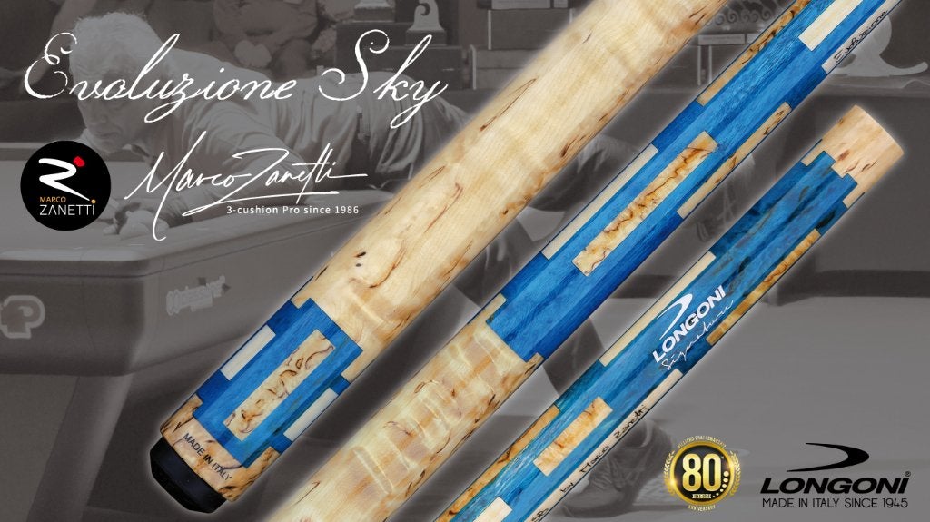 AKTIE: Longoni Evoluzione Sky keu VP2 + luna nera OP VOORRAA, Sport en Fitness, Biljarten en Poolen, Nieuw, Keu of Ballen, Ophalen of Verzenden