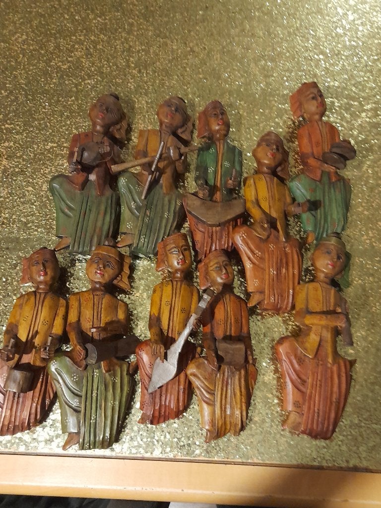 P Complete Set van 10 Vintage Houten Muzikante Handgesneden, Houtsnijwerk, Ophalen of Verzenden, Hout, Bruin