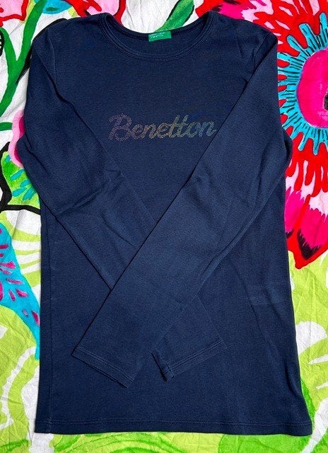 T-shirt manches longues bleu foncé Benetton — 13-14 ans, Enfants & Bébés, Enlèvement ou Envoi, Chemise ou À manches longues, Comme neuf