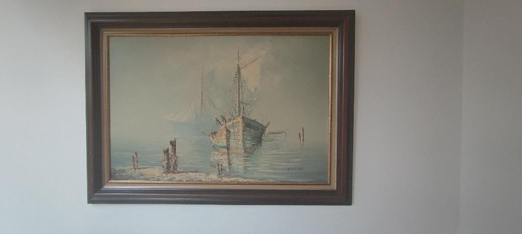 Groot schilderij met boten 90x60 (met kader 108x78), Antiek en Kunst, Kunst | Schilderijen | Klassiek, Ophalen