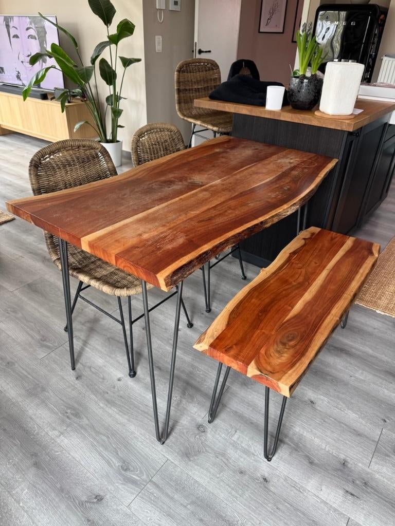 Eettafel & bank in acacia, Huis en Inrichting, Tafels | Eettafels, Ophalen, Overige houtsoorten
