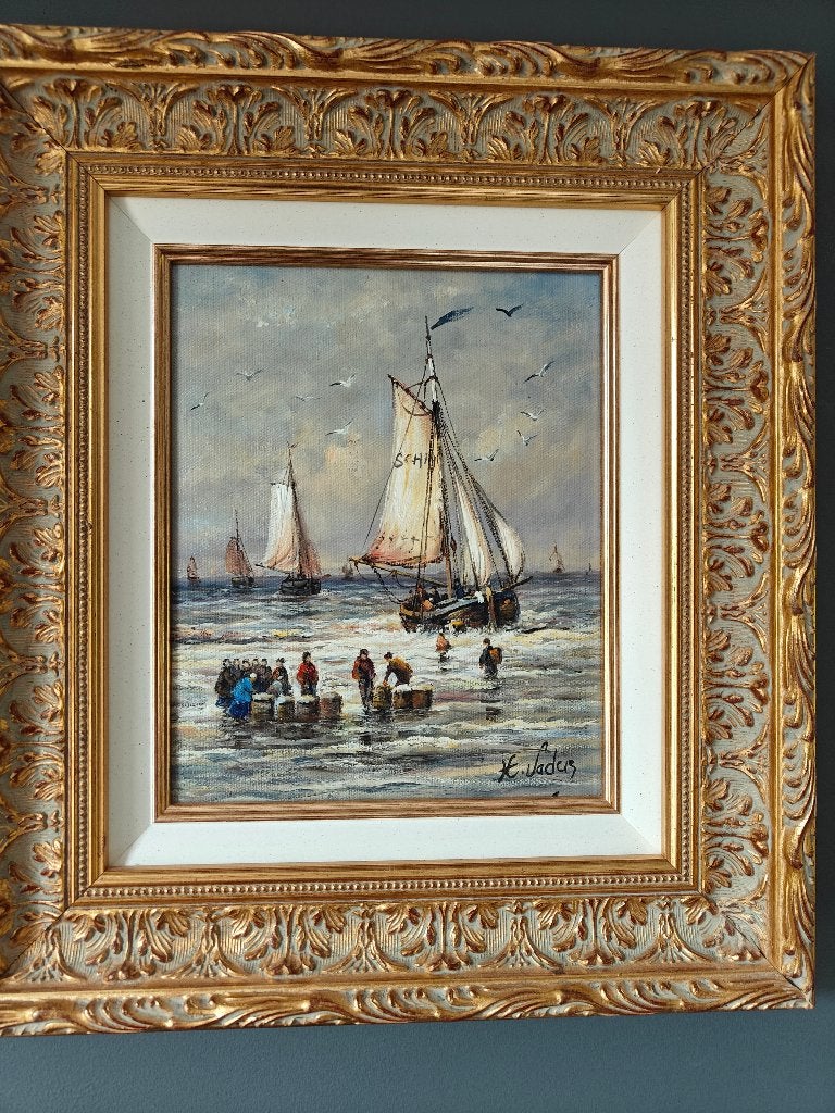 Klassieke schilderij H. Vader - terugkeer van de visvangst, Ophalen, Maritiem / water, Doek, Gesigneerd