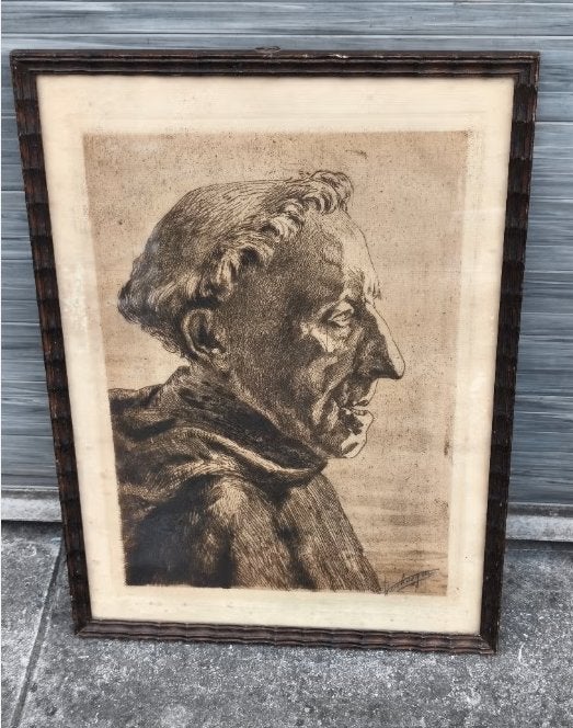 Gravure moine signe Fernand Verhaegen, Enlèvement ou Envoi, Gravure