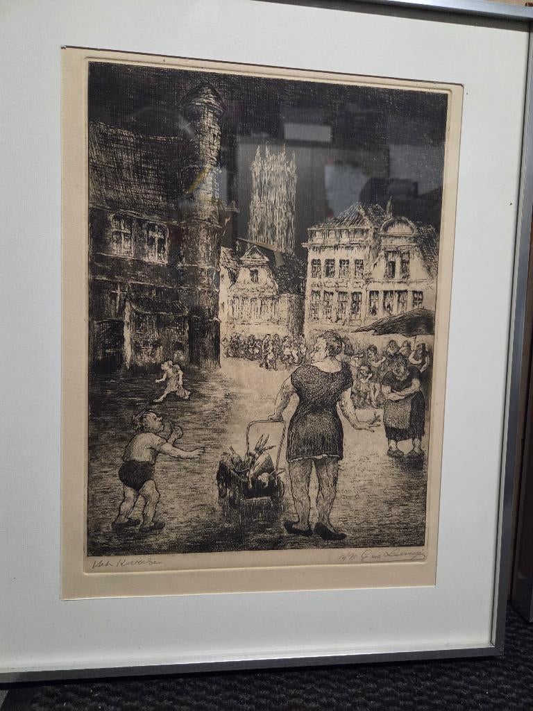 G. Langie; ets: 'Het Karreke' ; Gentse kunstenaar, Antiek en Kunst, Kunst | Etsen en Gravures, Ophalen of Verzenden