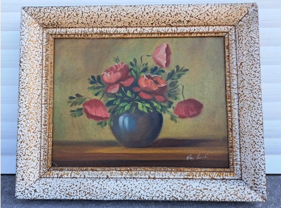huile sur toile fleur signe, Ophalen of Verzenden, Doek