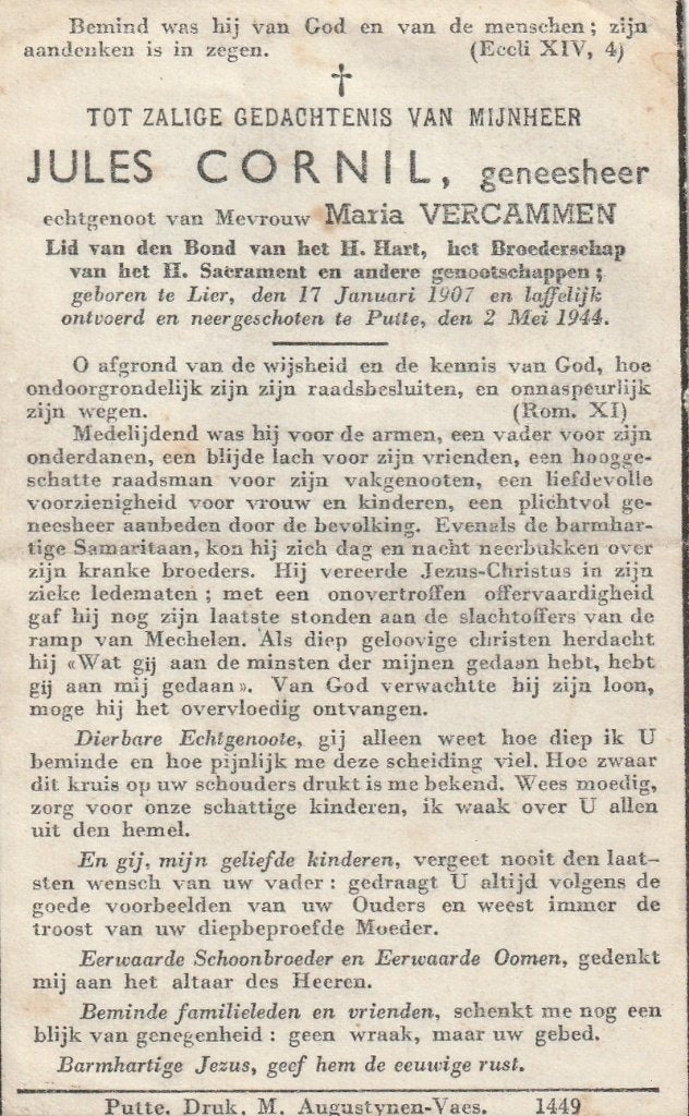 Oorlogsslachtoffer 1940-45 Jules Cornil Putte 02.05.44, Collections, Images pieuses & Faire-part, Envoi