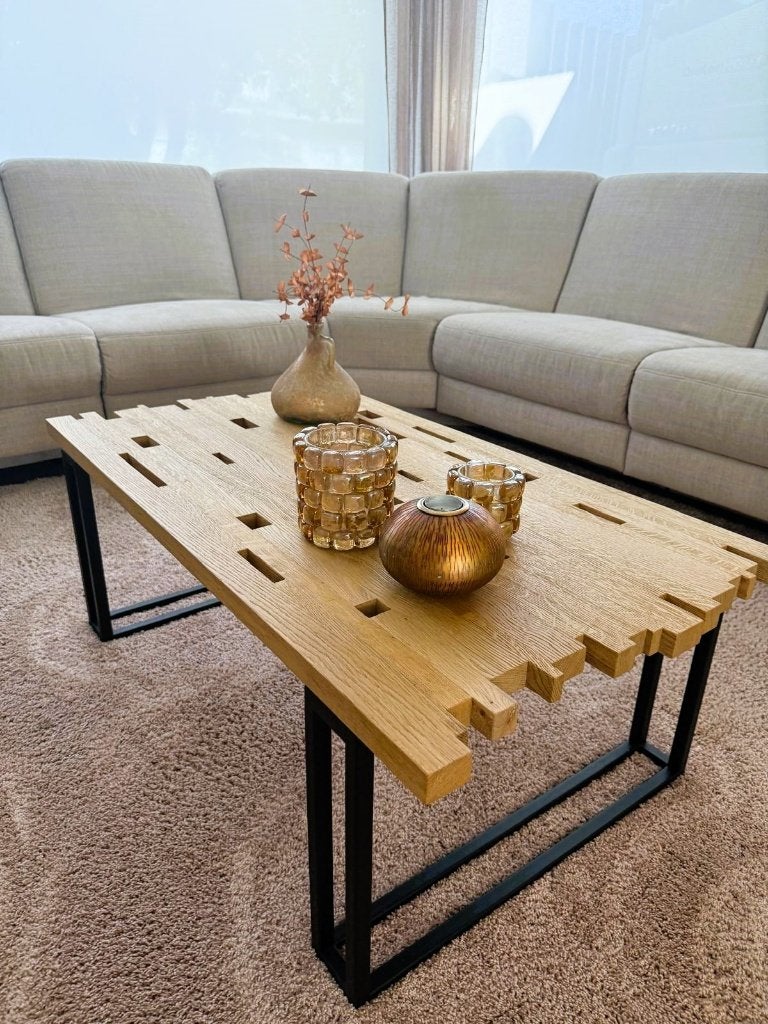 Massief eiken salontafel met stalen poten, Ophalen, 100 tot 150 cm, Eikenhout, 50 tot 100 cm