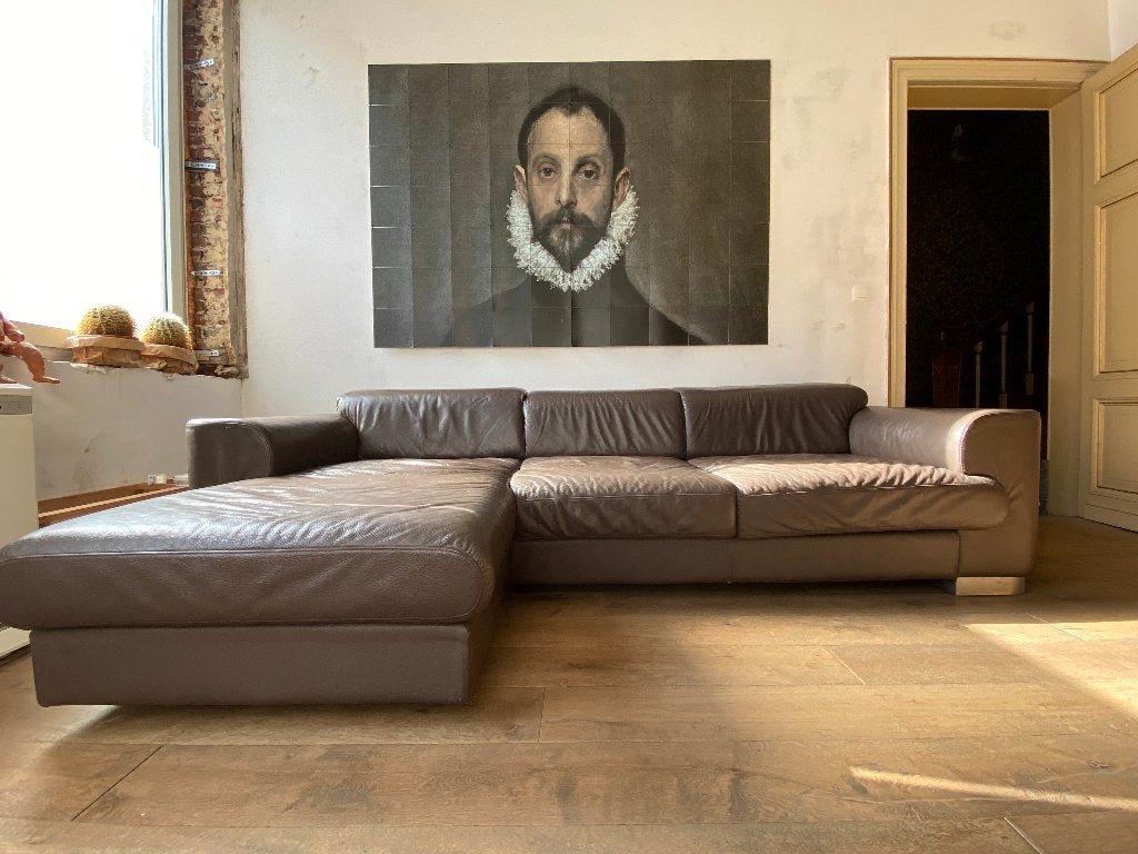 Zetel met longchair bruin leder, Maison & Meubles, Canapés | Salons, Utilisé, Banc d'angle, Trois personnes, 250 à 300 cm, 150 cm ou plus