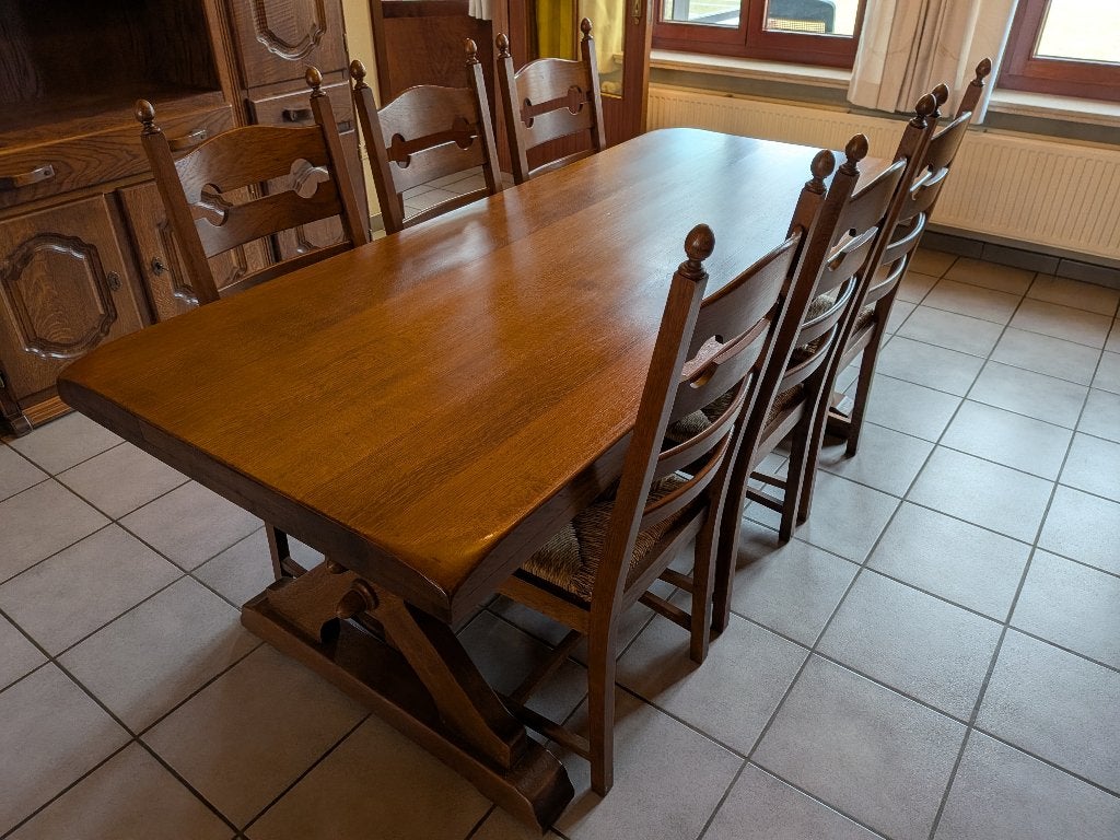 massief eiken eettafel + 6 bijpassende stoelen, Ophalen, Gebruikt, Eikenhout, 50 tot 100 cm