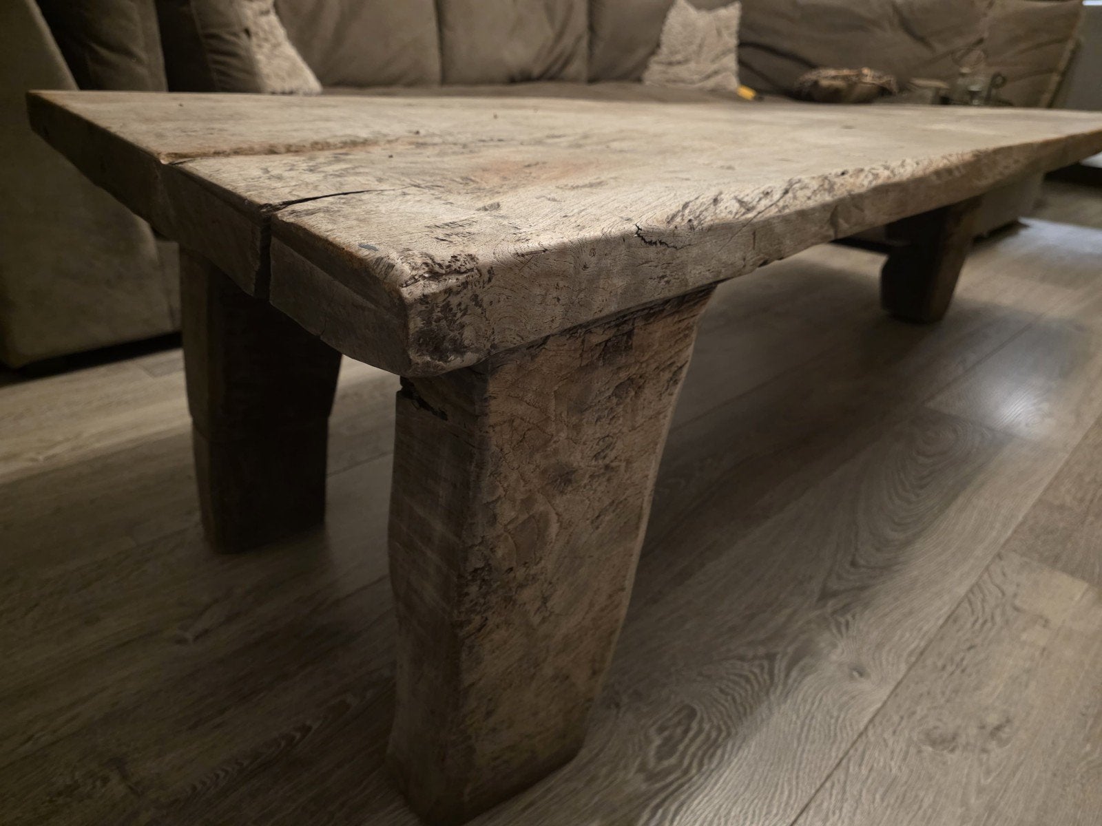 Unieke robuuste massief houten salontafel, Teck, 150 à 200 cm, Enlèvement, Utilisé
