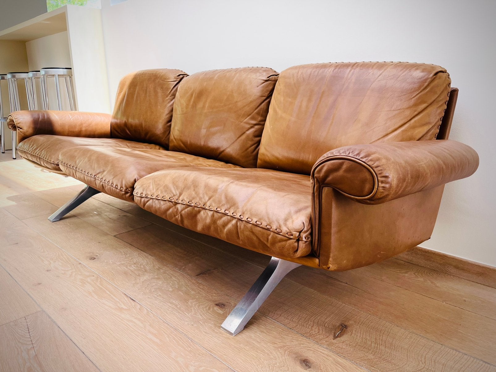 Vintage DeSede DS31 driezit cognac rundsleder, Trois personnes, 200 à 250 cm, Enlèvement, Utilisé