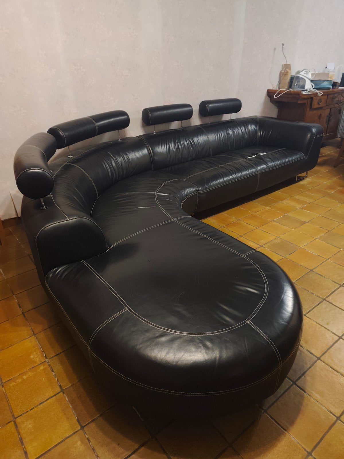 Salon cuir noir coin 315cm/240cm, Maison & Meubles, Enlèvement, Utilisé, Cuir