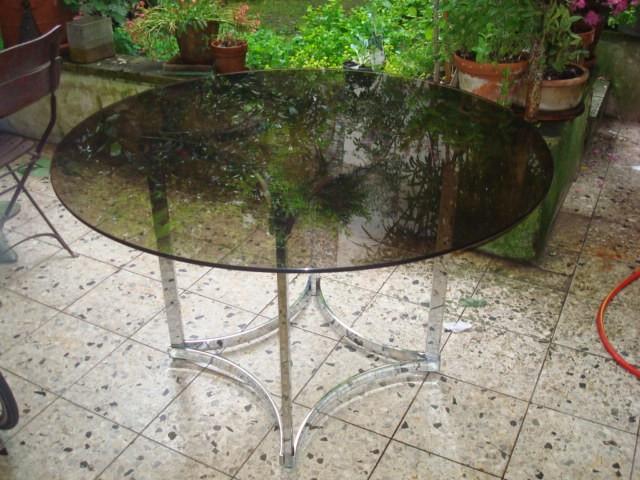 Table de sàm en verre fumé et pied chromé, Enlèvement, Utilisé, Vintage, Rond