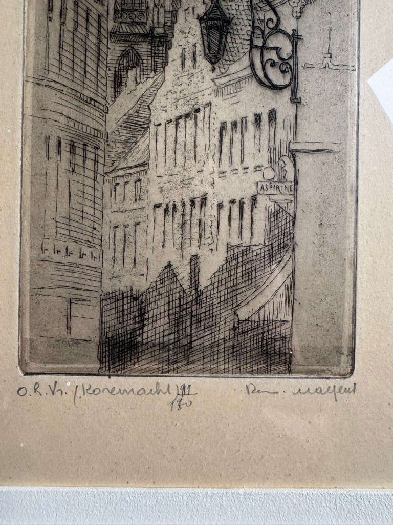 Gravure originale Cathédrale d'Anvers, Enlèvement, Vue urbaine, Eau-forte, Signé