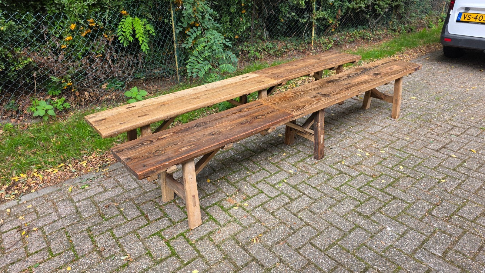 2 Prachtige Oude Boeren Eetbanken – Robuust Hout (3 meter l, Enlèvement ou Envoi, Utilisé