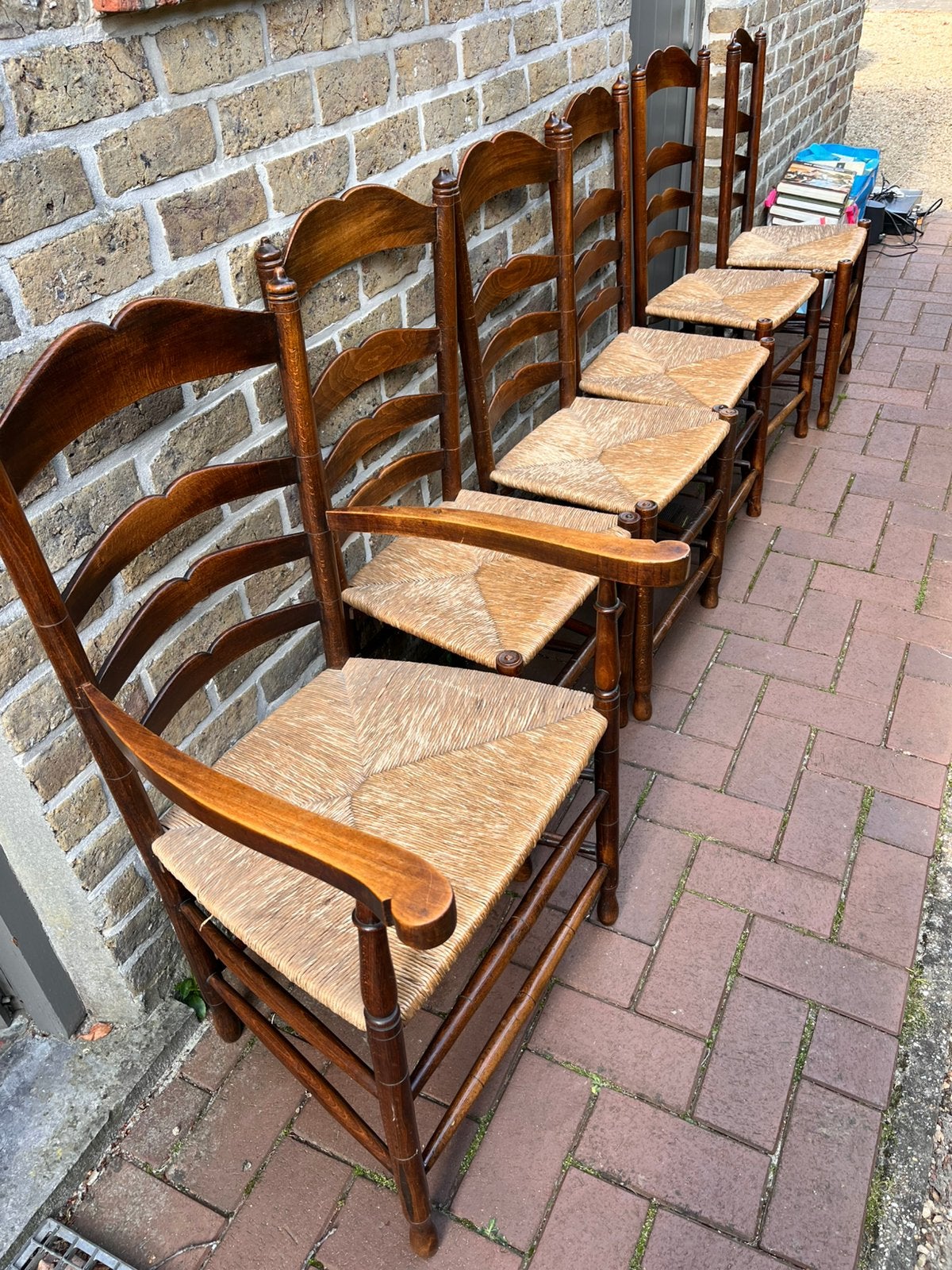 Set van 6 antieke ladderback-houten stoelen, Antiek en Kunst, Ophalen