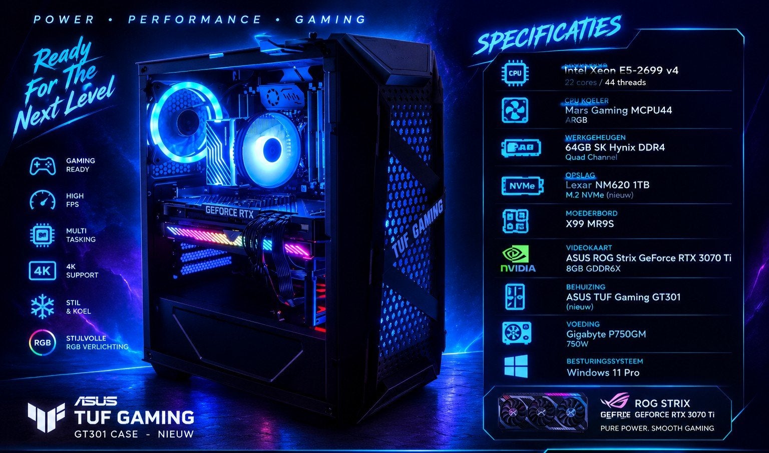 Krachtige Gaming PC – RTX 3070 Ti ROG Strix 8GB – 64GB RAM, Computers en Software, Ophalen, 64 GB of meer, Custom Gaming Pc, Refurbished