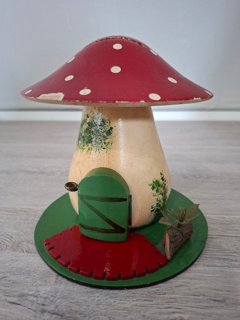 Leuke houten paddenstoel spaarpot vintage, Verzamelen, Ophalen, Hout