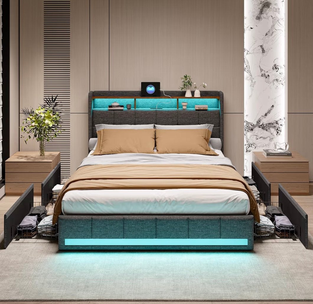 2 tweepersoonsbedden 140x200, Ophalen, 140 cm, 200 cm, Grijs