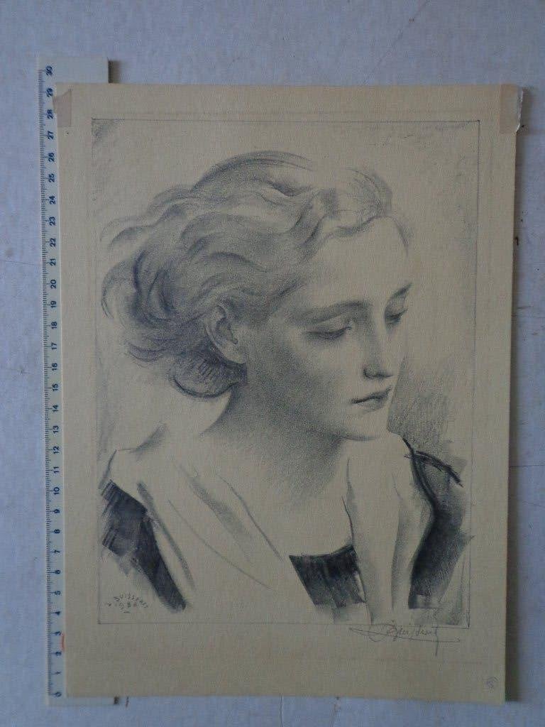 verfijnde litho van Louis Buisseret "Jong meisje" uit 1936, Portret en Figuren, Gesigneerd, Offsetdruk, Ophalen of Verzenden