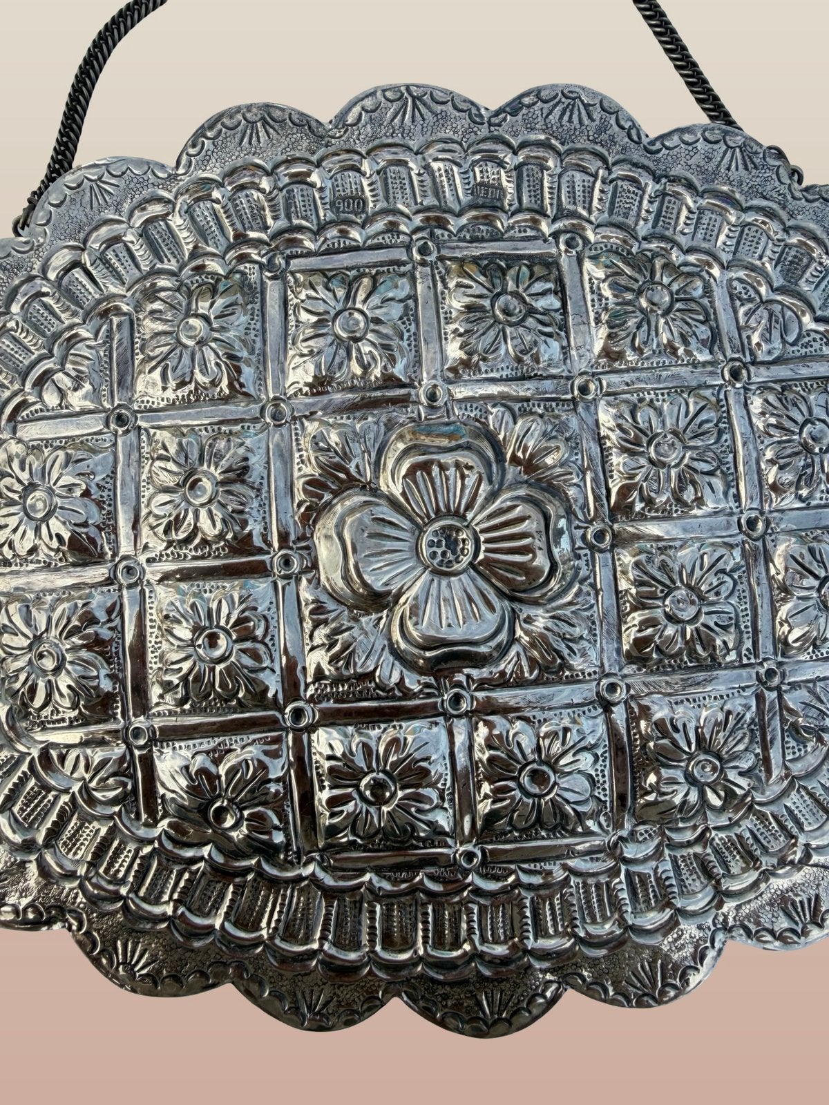 Antieke spiegel in reliëf van 900 sterling zilver, Ophalen of Verzenden, Zilver