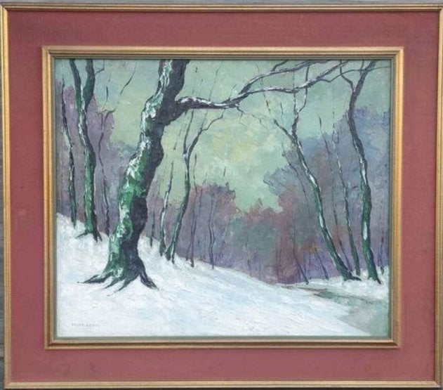 Huile sur toile paysage enneigé signe Armand lacour, Antiek en Kunst, Ophalen of Verzenden, Landschap, Doek