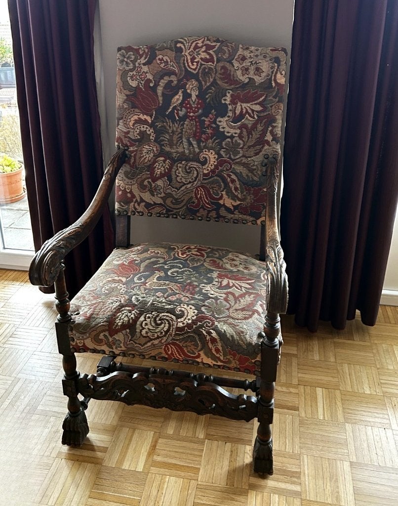 Fauteuil ancien style Louis XIII bois sculpté et tapisserie, Enlèvement, Utilisé, Bois