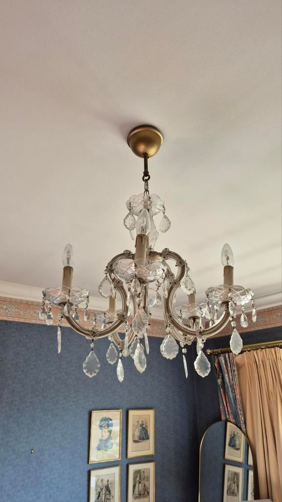 Luster met glazen hangers kroonluchter messing, Huis en Inrichting, Lampen | Kroonluchters, Ophalen