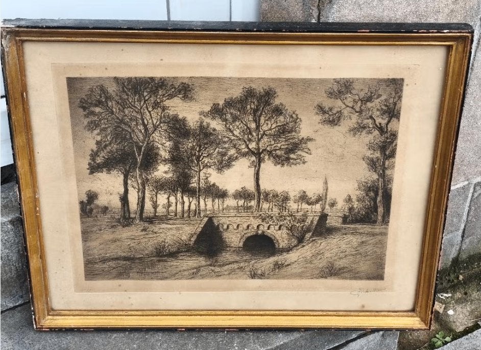 Gravure Jemappes signe Victor dieu, Enlèvement ou Envoi, Paysage, Gravure
