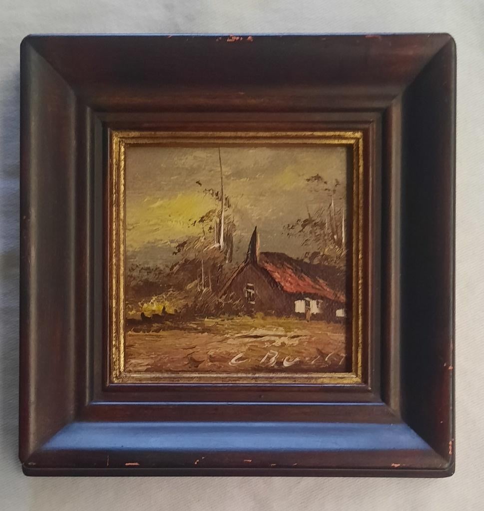 schilderijtje hoeve - vintage - gesigneerd, Enlèvement