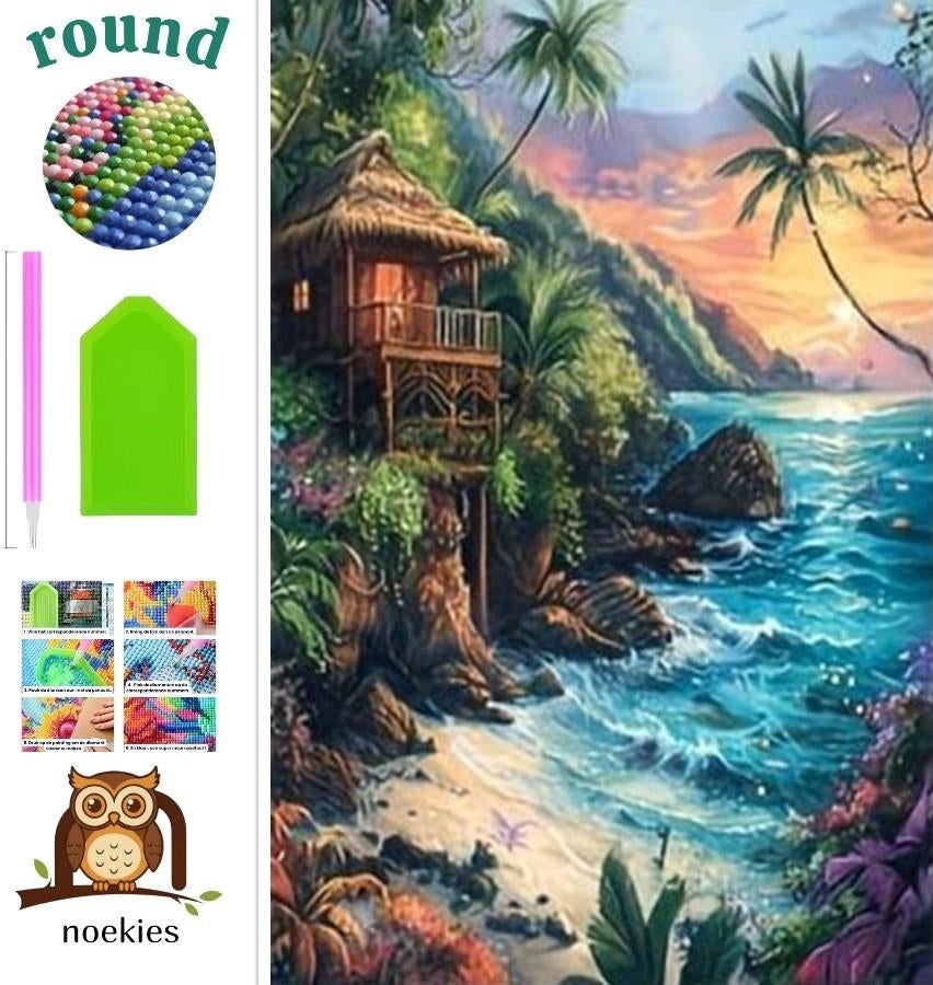 nr 672 Diamond Painting strandhut 40x30cm (rond), Zee en Strand, Verzenden, Nieuw, Meerkleurig